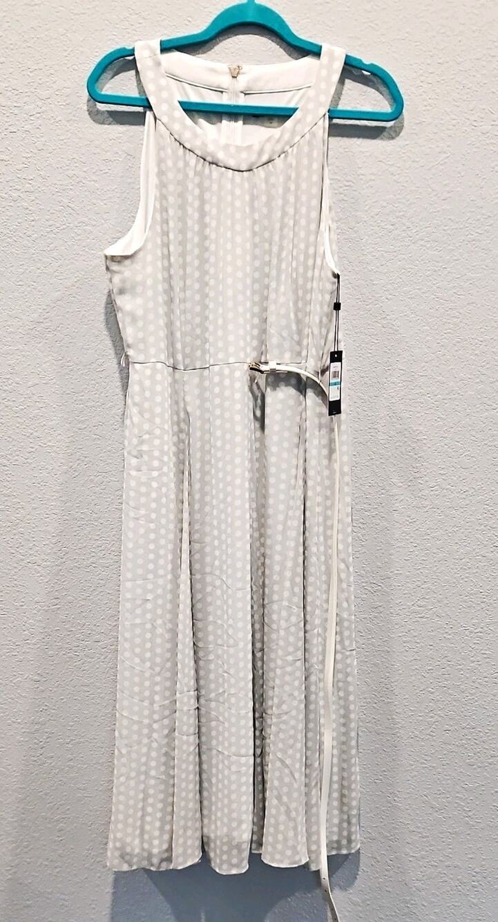 NWT Tommy Hilfiger Women's 16 White Gray Polka Dot Sleeveless Belted Midi Dress